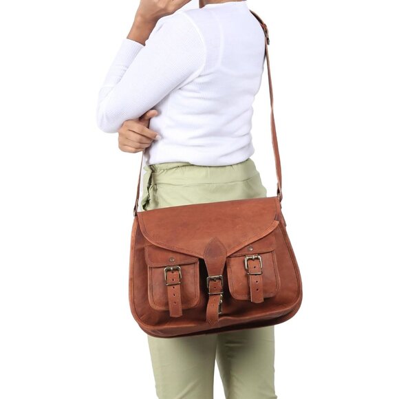 Women Brown Crossbody Satchel Ladies Tote Travel Genuine Leather Shoulder Bag - Picture 9 of 9